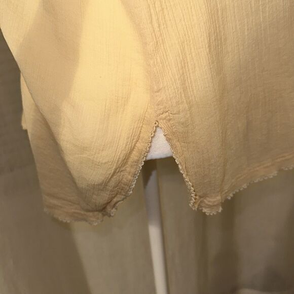 fp S Pale Yellow On The Island Crochet Yoke High Neck Sheer Mesh Bell Sleeve Top - Picture 7 of 14